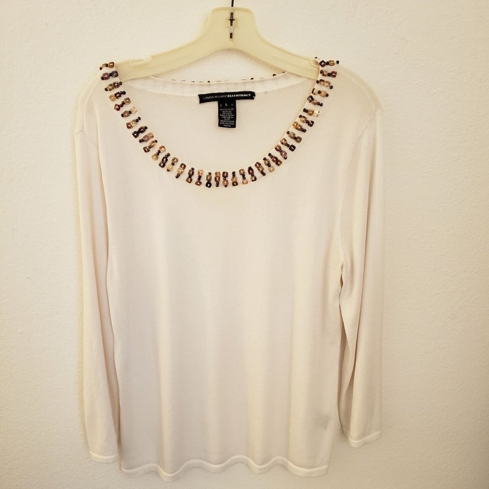Vintage Linda Allard for Ellen Tracy Embellished White Sweater Size L EUC